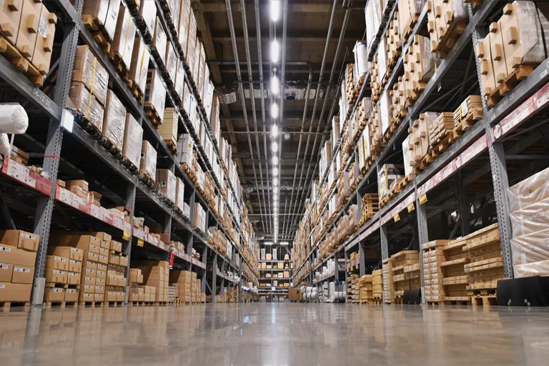 Long warehouse aisle