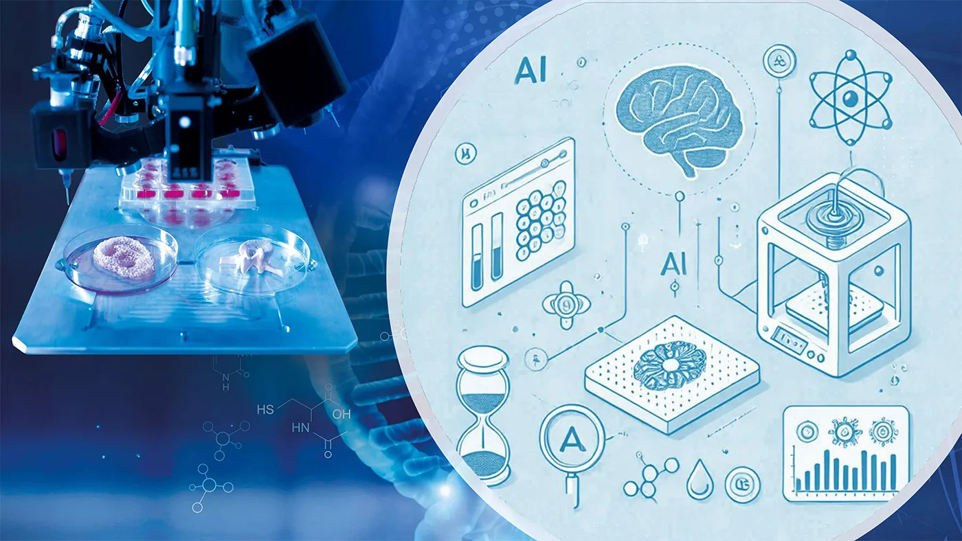 Collage of microscope with zoomed in illustration showing the processes involved in creating the biological material