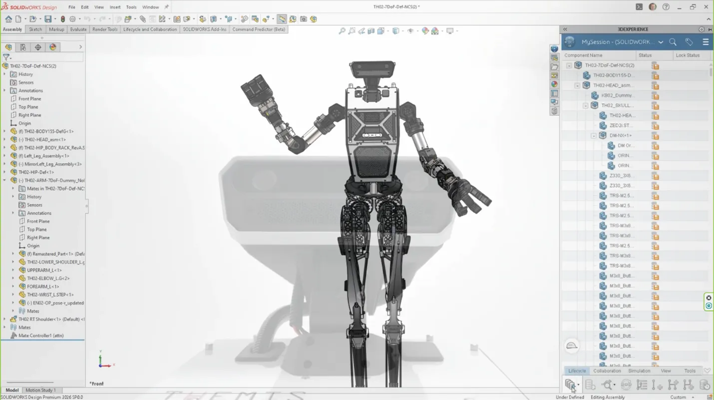 Detailed assembly tree of THEMIS humanoid robot created entirely in SOLIDWORKS Design