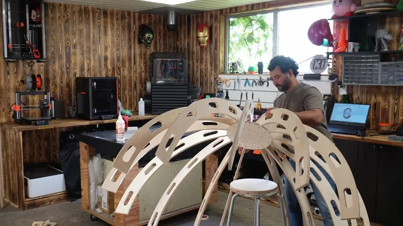 Fabrication workflows for the Poké Ball were directly driven by the digital model. CNC cutting produced the primary wooden structure, while assembly relied on controlled spacing.