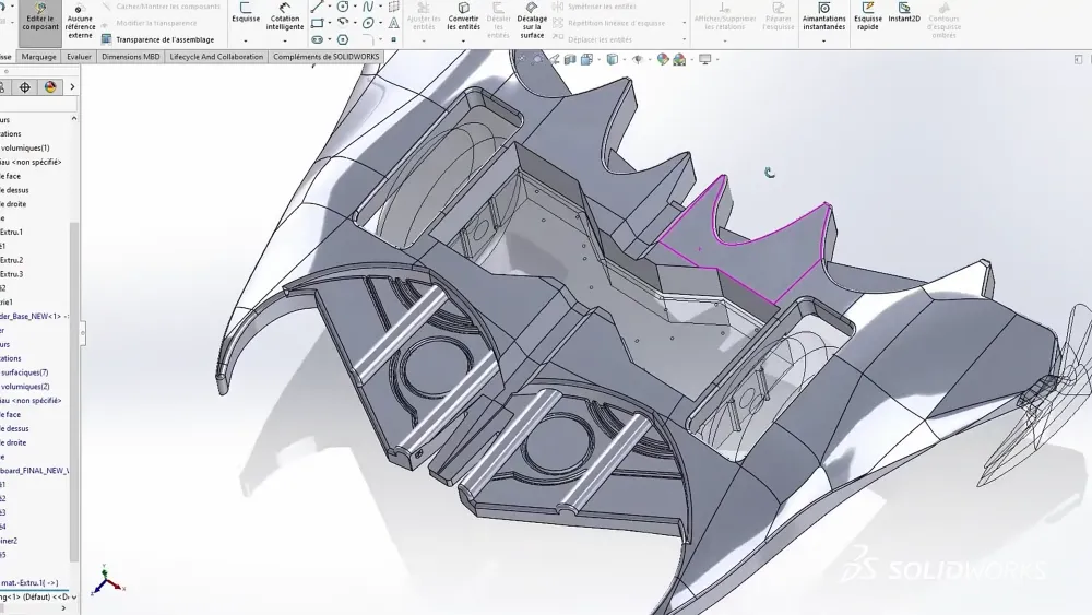 The Goblin glider project started with Initial forms created and refined digitally, enabling Reyes to sculpt complex surfaces and then translate them into printable components