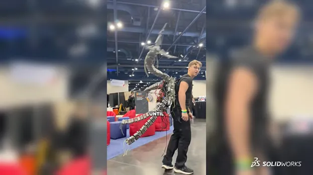 Tyler wearing his Dr. Octopus exoskeleton design at 3DEXPERIENCE World 2026 