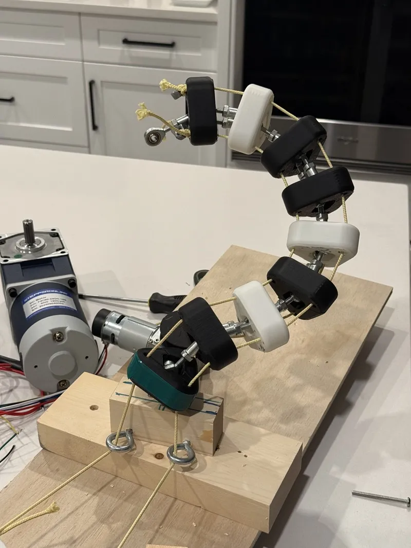 Tyler’s early design concept of a Dr. Octopus arm created with string, hardware and 3D printed segments 