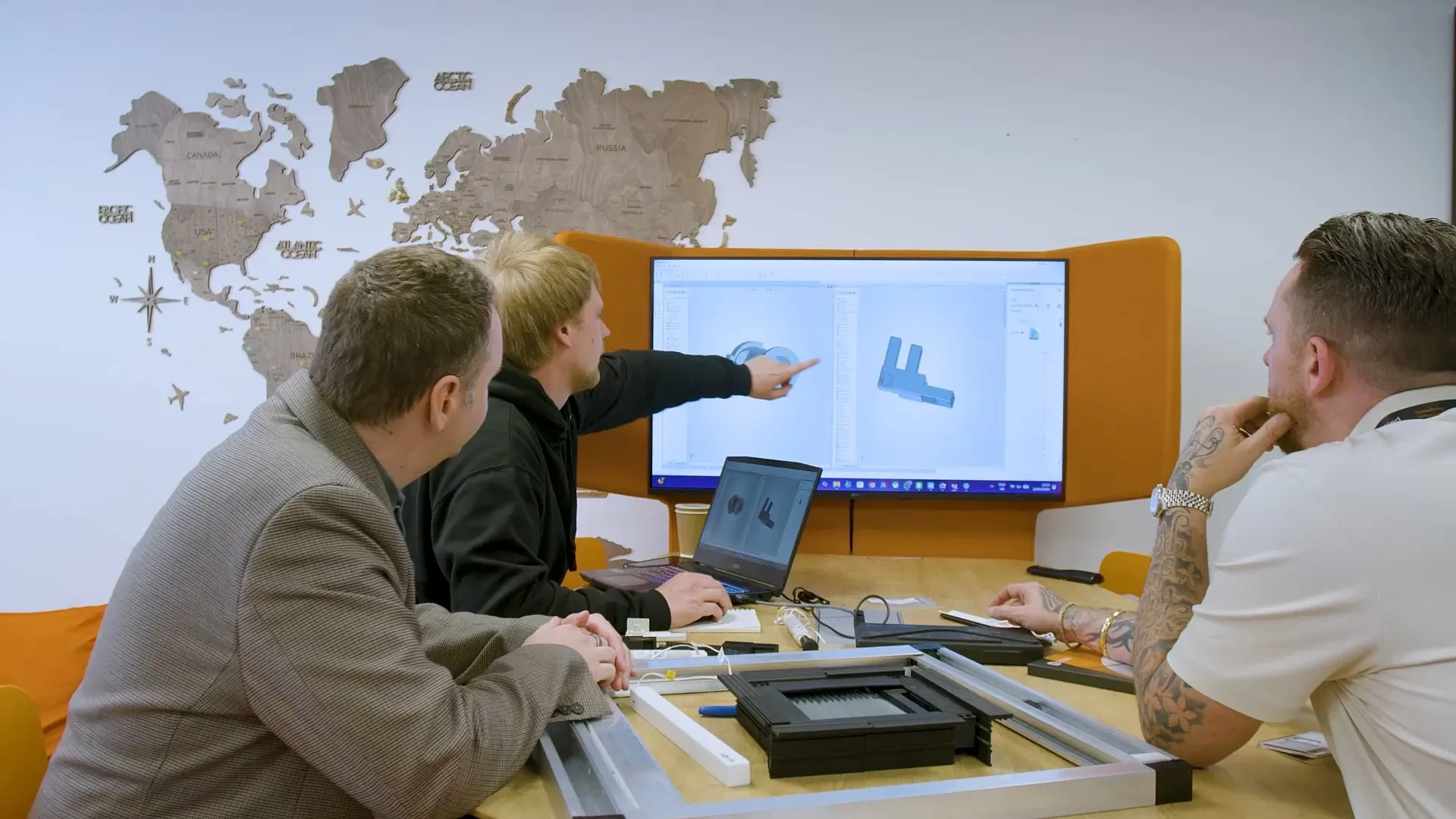 Blind Screen team collaborating on a design detail using SOLIDWORKS
