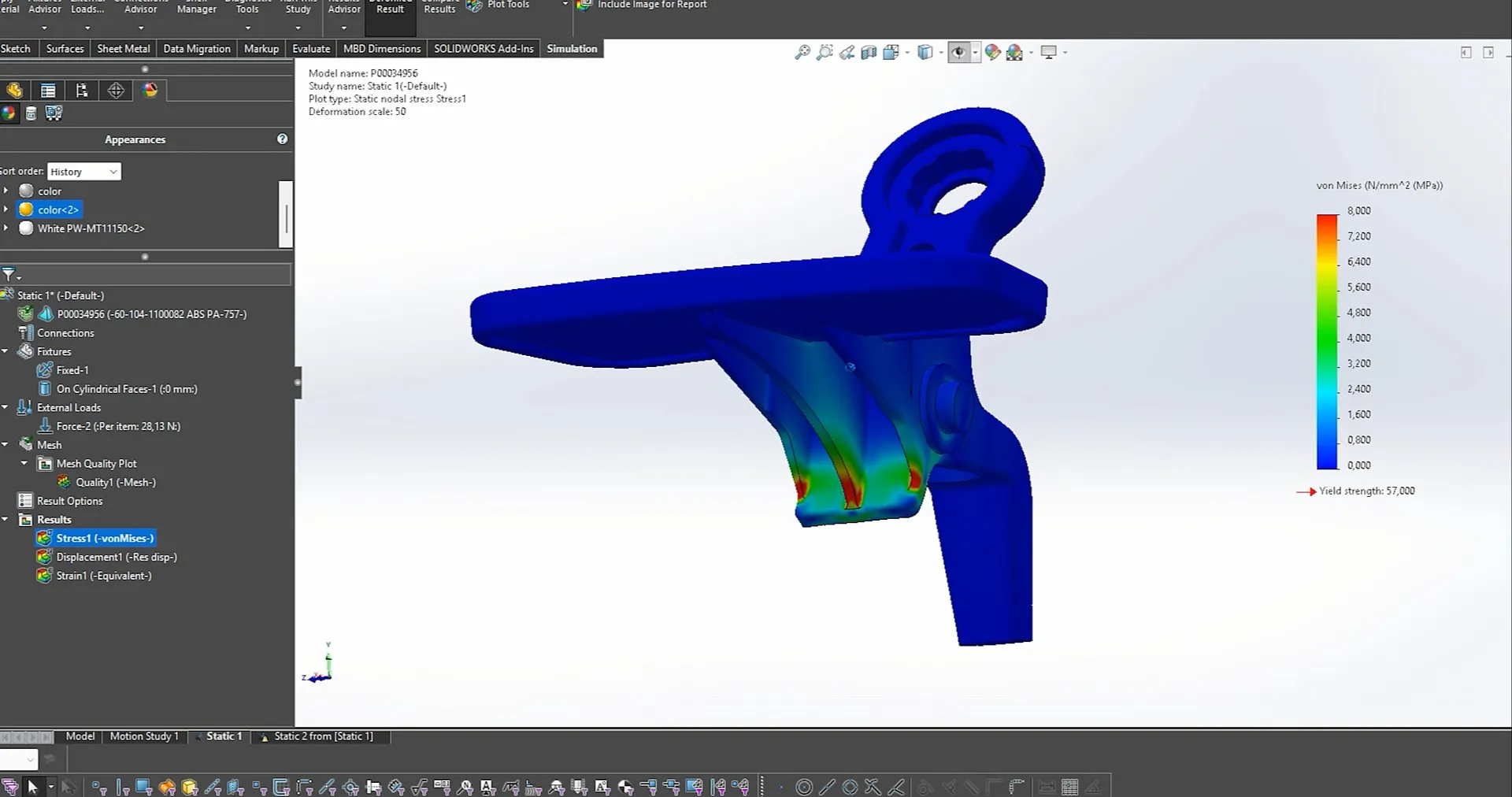 SOLIDWORKS Simulation highlights stress concentrations in the paddle shifter