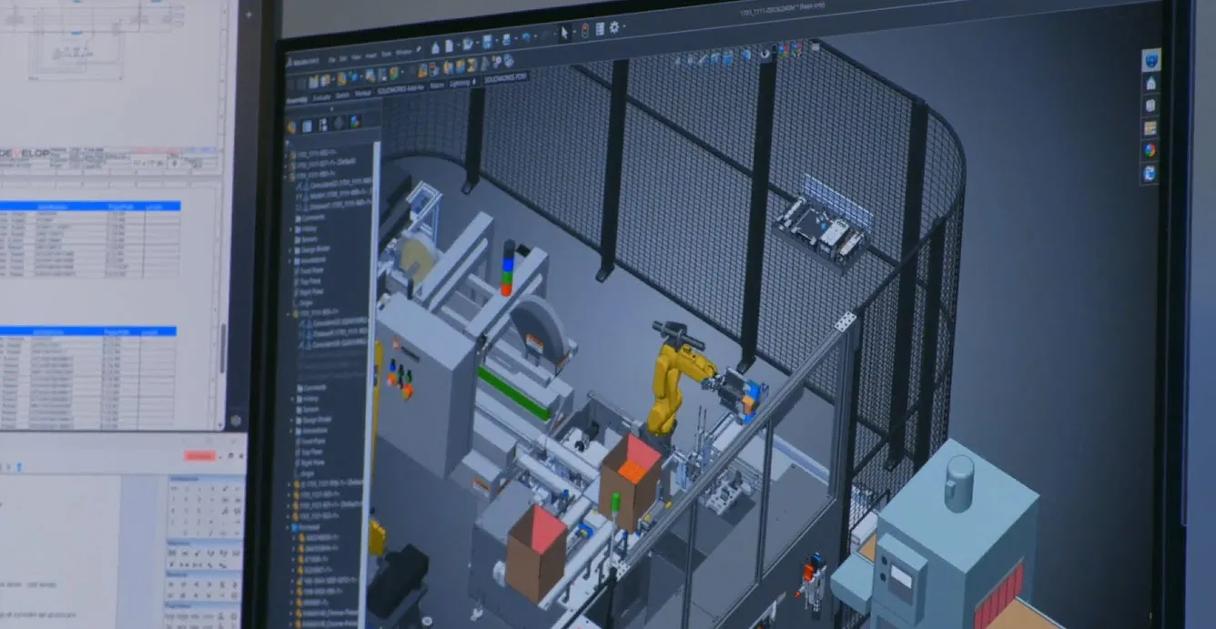 Robot customized manufacturing assembly area within SOLIDWORKS Design environment 