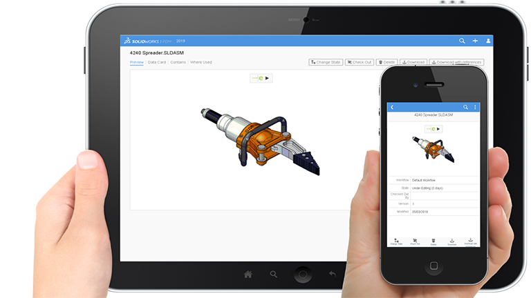 ipad e telefone celular exibindo a captura de tela do SOLIDWORKS PDM