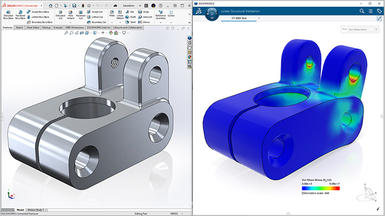Structural Designer showing user interface comparing views, one with simulation indicator