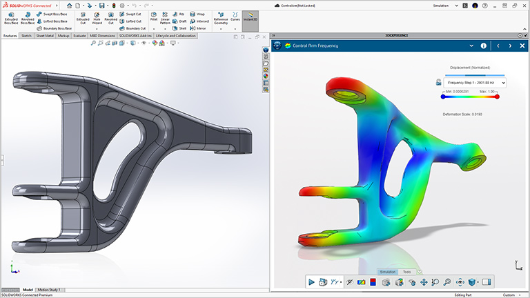 Structural Designer user interface showing comparison of two views, one with simulation representation