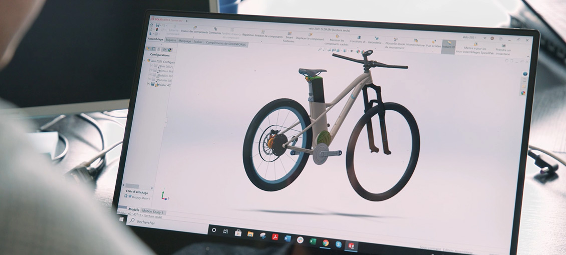 显示 WhaTTfornow 电动自行车渲染的 SOLIDWORKS 屏幕