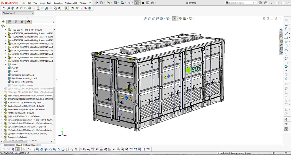 Screenshot of SOLIDWORKS screen showing EOS zinc battery design