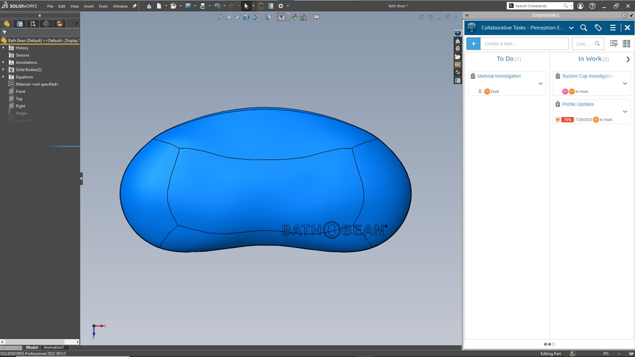 Projeto da Bath Bean da Perception Engineering, exibido em uma interface de usuário 3DEXPERIENCE Works