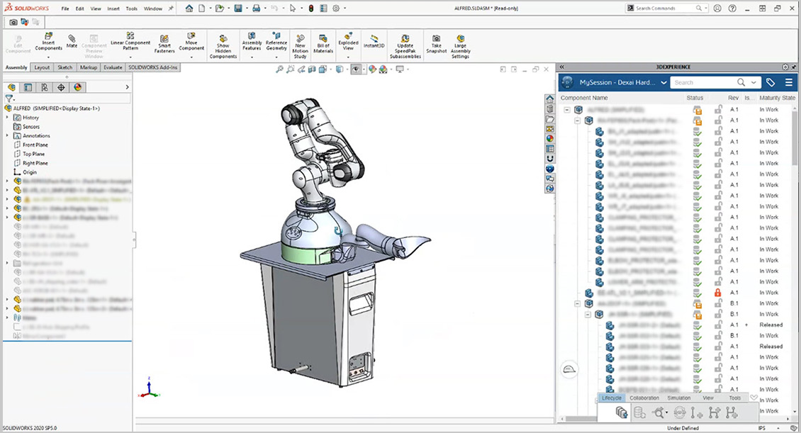 Capture d'écran montrant l'interface utilisateur du logiciel de modélisation et un modèle de robot Dexai