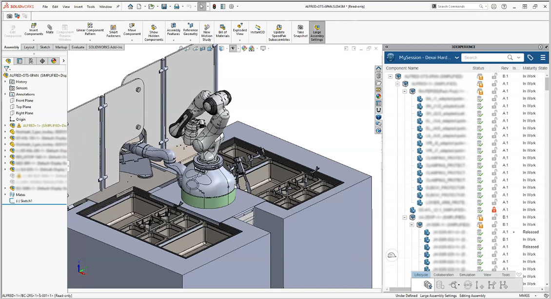 Screenshot showing modelling software User Interface and a model of a Dexai robot