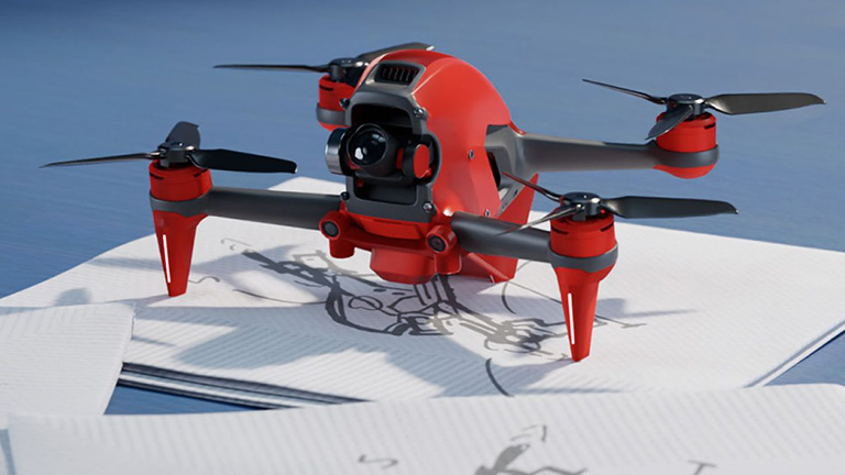 Red drone designed with SOLIDWORKS