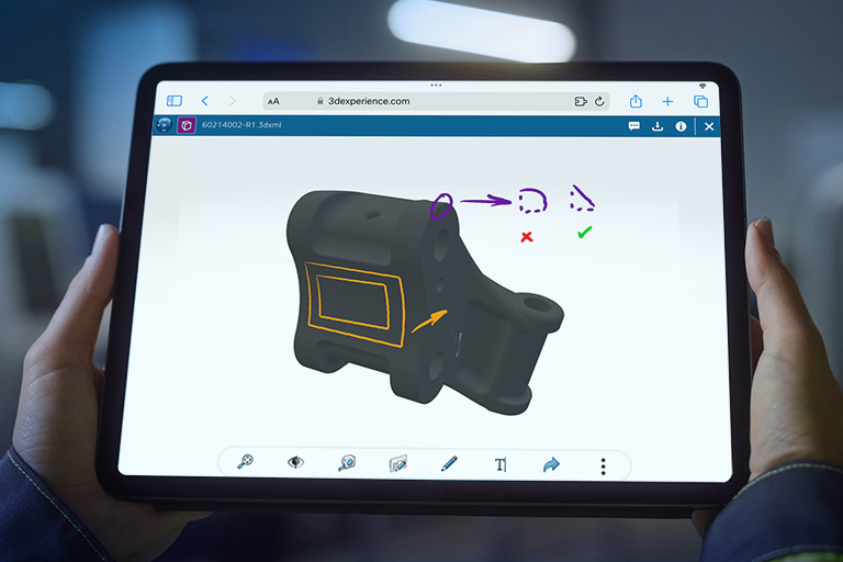 Tablet mit 3DEXPERIENCE Works Benutzeroberfläche und Markup eines 3D-Modells