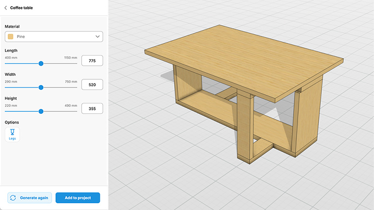 3D kahve sehpası modeliyle birlikte SOLIDWORKS Make By Me ekran görüntüsü