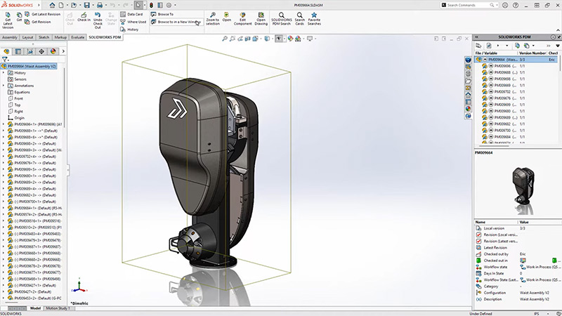 CADモデルとデータを含むSOLIDWORKS UIを示すスクリーンショット