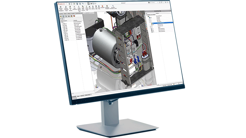 Interfaccia utente 3D di SOLIDWORKS Electrical con modello 3D sul monitor