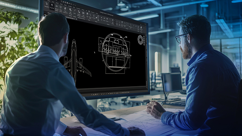 Zwei Konstrukteure, die mithilfe von DraftSight an einer 2D-Konstruktion zusammenarbeiten