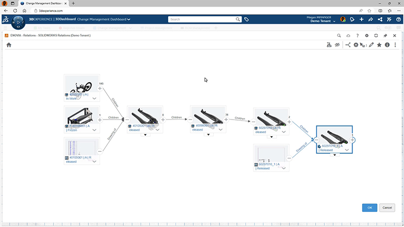 SOLIDWORKS Change Management dashboard showing impact evaluation