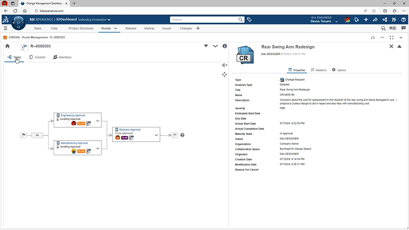 SOLIDWORKS Change Management dashboard showing approval process