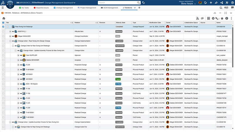 SOLIDWORKS Change Management dashboard showing traceability