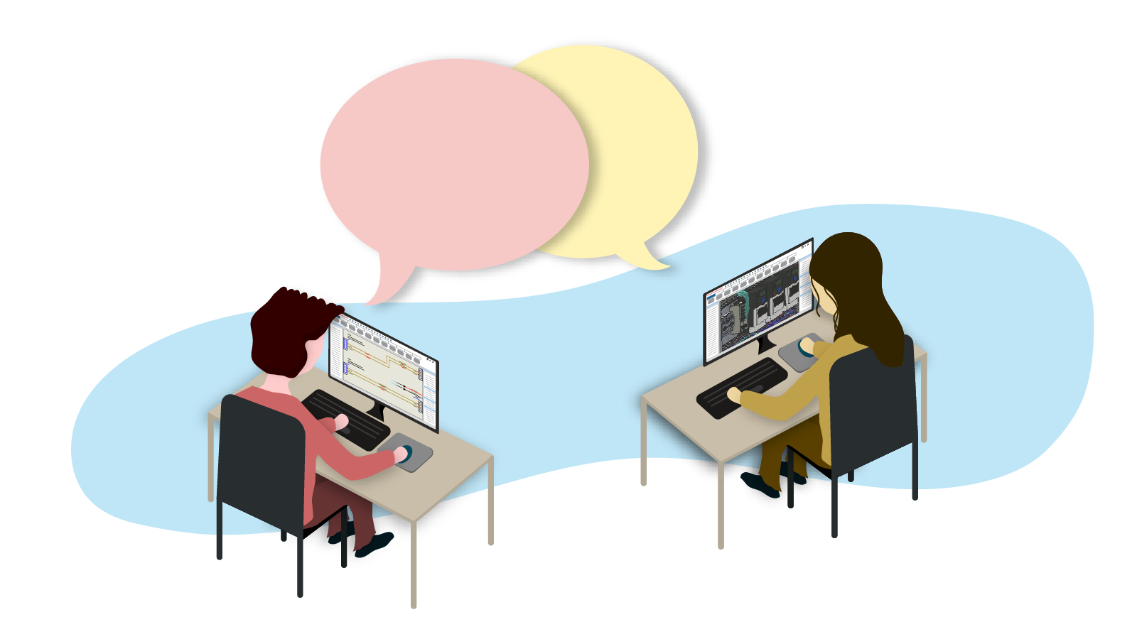 SOLIDWORKS Users working on their desks, clipart.