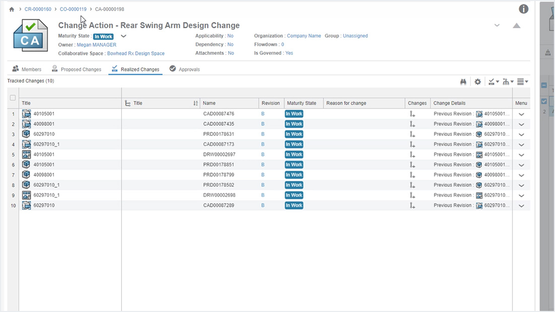 User interface screen for Change Management showing a change action
