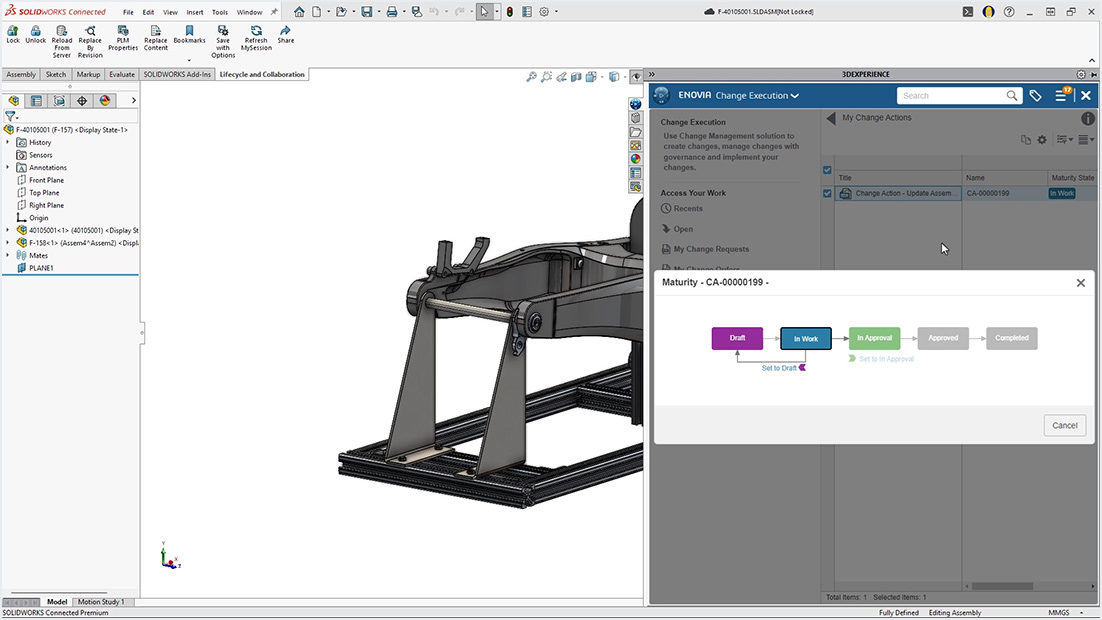 SOLIDWORKS Change Management user interface showing change execution