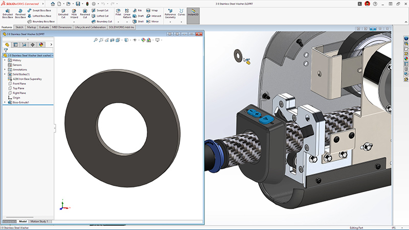Screenshot of SOLIDWORKS 3D model showing AI fastener recognition