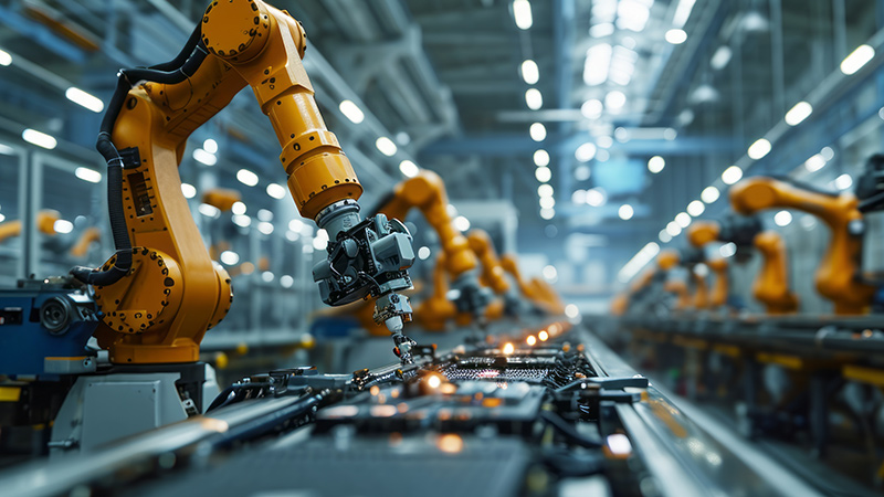 Robotic arms on assembly line