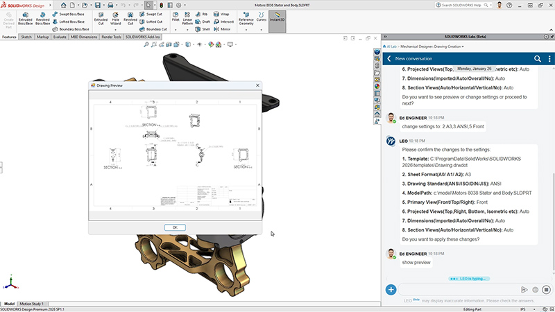 SOLIDWORKS user interface showing ai-powered drawing generation with prompts