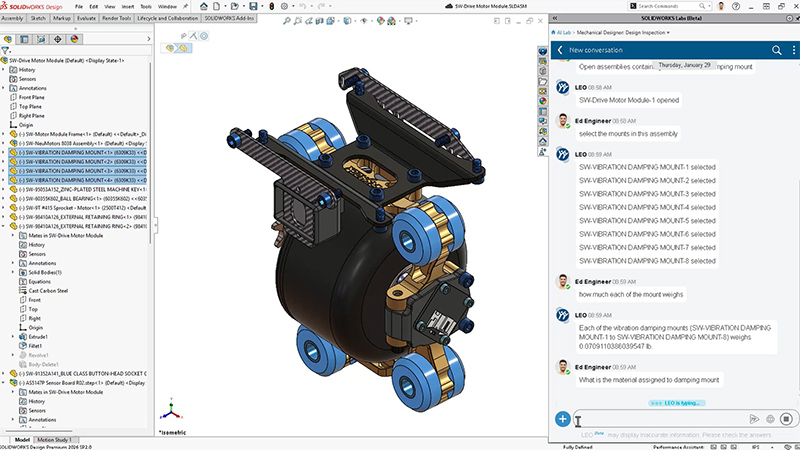 SOLIDWORKS user interface showing material selection