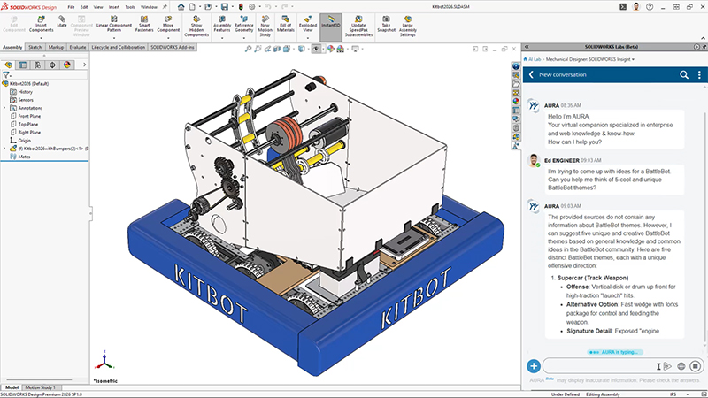 SOLIDWORKS 3D model with AURA user interface