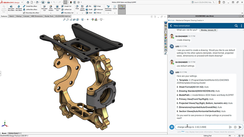 SOLIDWORKS 3D model with LEO user interface