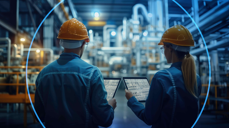 Two employees looking at tablets while standing on a manufacturing factory