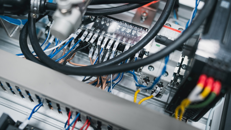 image showing zoomed in view of inside an industrial control panel containing various connectors, wiring, and terminal strip elements