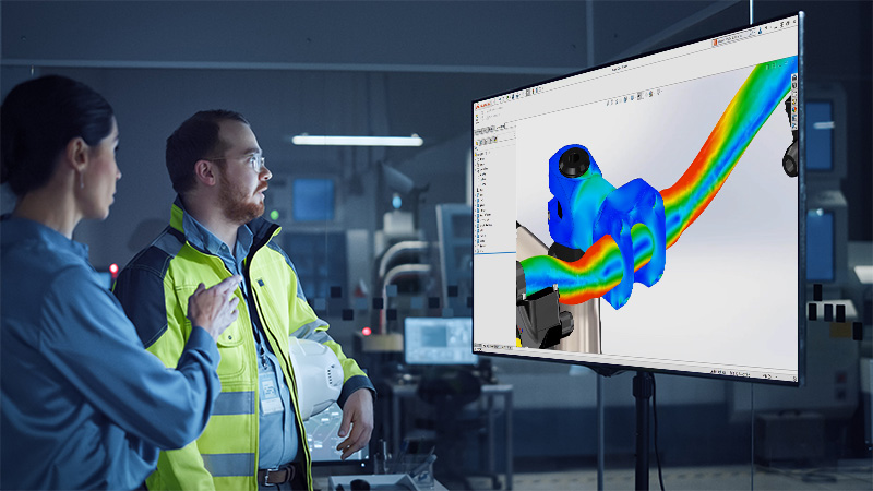 Two workers on the shop floor looking at a large screen showing a SOLIDWORKS 3D Model with simulation data