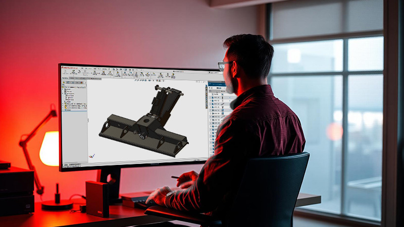Designer looking at a 3D model of a part in the SOLIDWORKS user interface