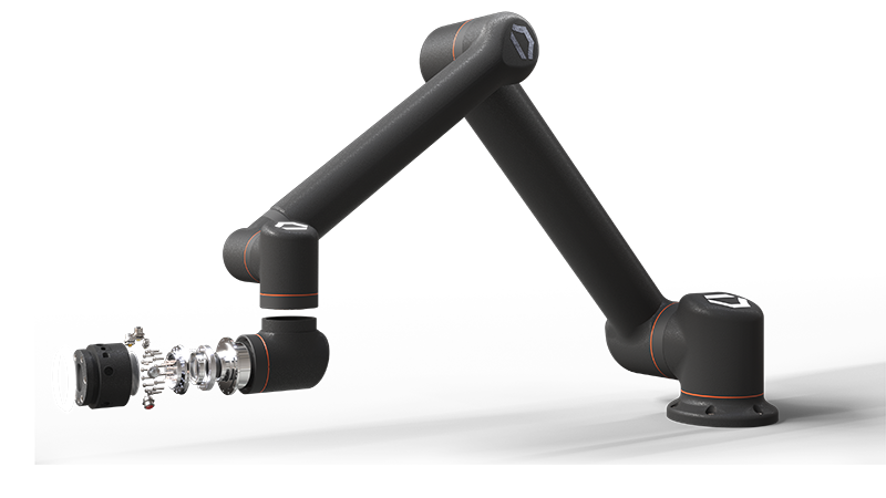 SOLIDWORKS 3D rendering of Standard Bots industrial robot Thor, with exploded view of a part
