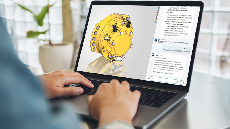 SOLIDWORKS user interface showing a 3D model of an assembly with AI panel open