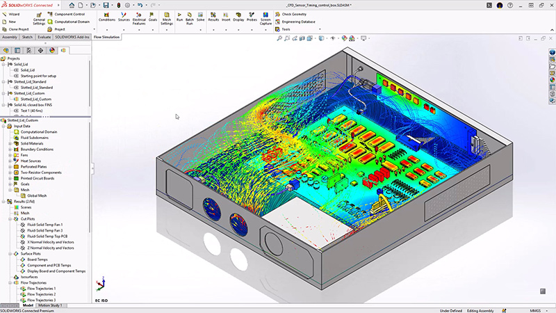 SOLIDWORKS 3D model with simulation data showing an electronics component cooling