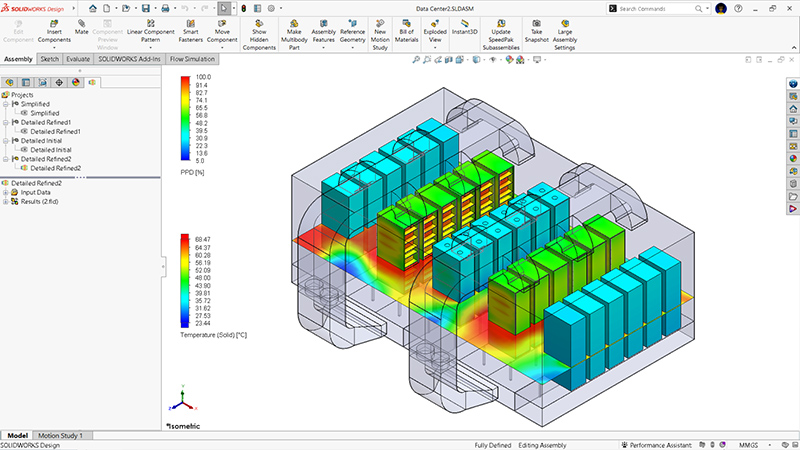 SOLIDWORKS 3D model of an an HVAC module with flow simulation data