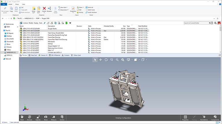 Screenshot from SOLIDWORKS PDM showing rendering and its relevant data