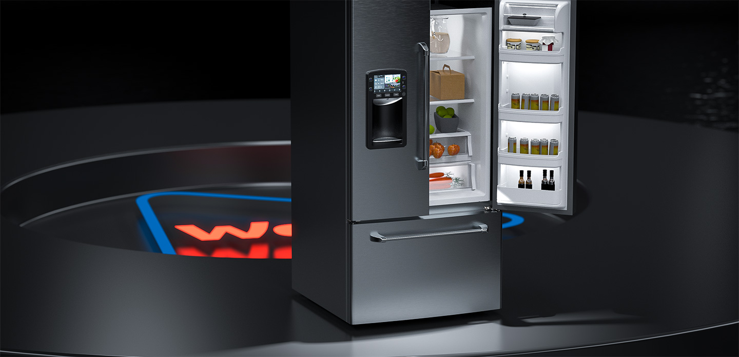 Smart refridgerater with door open, designed with 3DEXPERIENCE Works