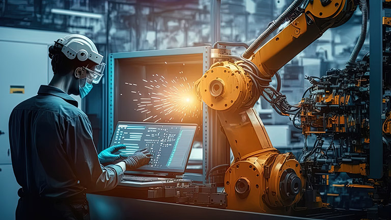 Manufacturing worker at screen on automated shop floor - SOLIDWORKS