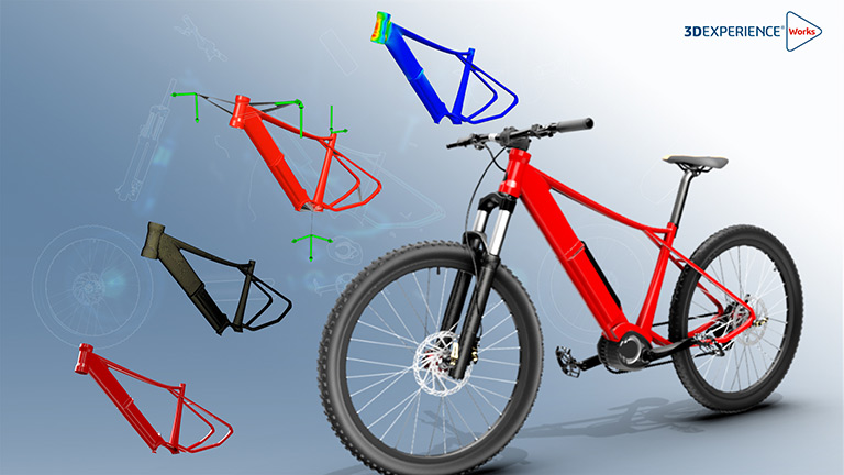 3D renderings of the frame of an ebike - SOLIDWORKS Simulation on the 3DEXPERIENCE platform