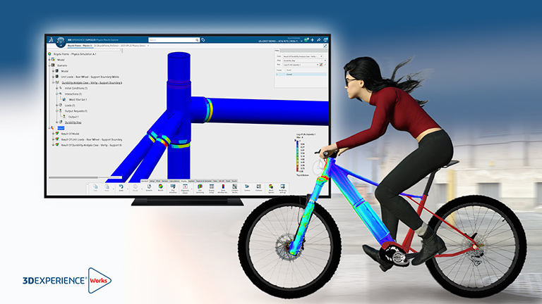 3D model of e-bike with rider with screenshot of simulation of part - SOLIDWORKS