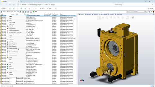 Interface do SOLIDWORKS 2026 PDM mostrando uma peça com dados